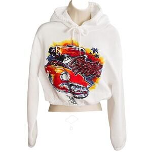 Cruise Night Large Graphic White Cropped Short Hoodie ~ Women's Size SMALL